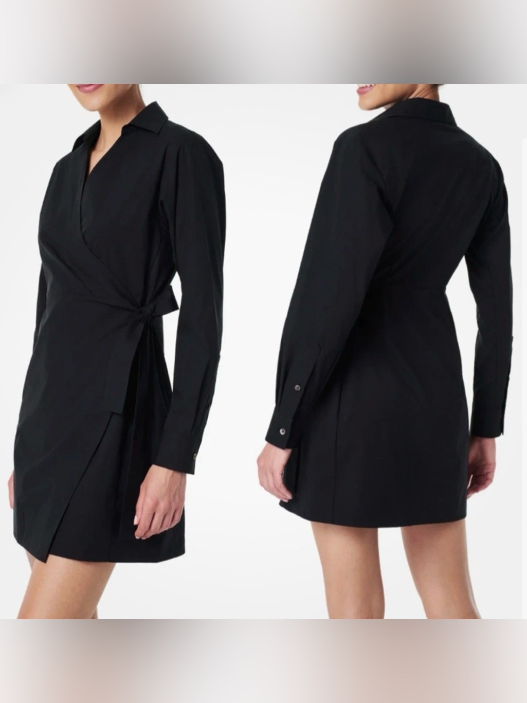 Spanx Medium Black Poplin Wrap Shirt Dress - Long Sleeve Minimalist Capsule